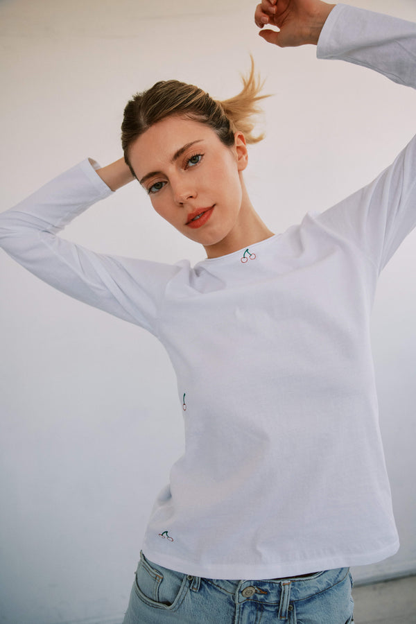 Embroidered Cotton T-Shirt Long Sleeve - Cherry