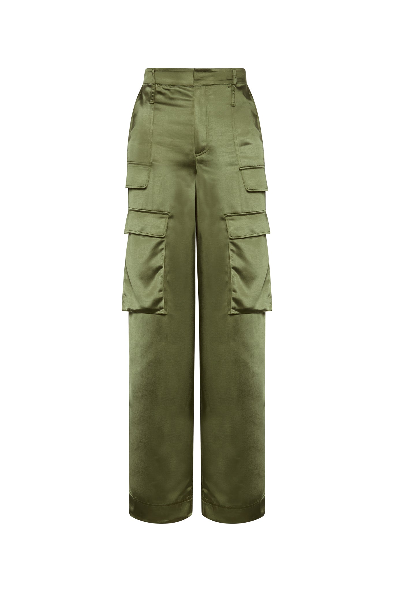 A pair of Catherine Gee Cargo - Army Green pants feature a high waist, wide legs, and multiple large pockets on the sides, characteristic of cargo pants. The fabric appears to be smooth and slightly shiny, suggesting a satin or similar material.