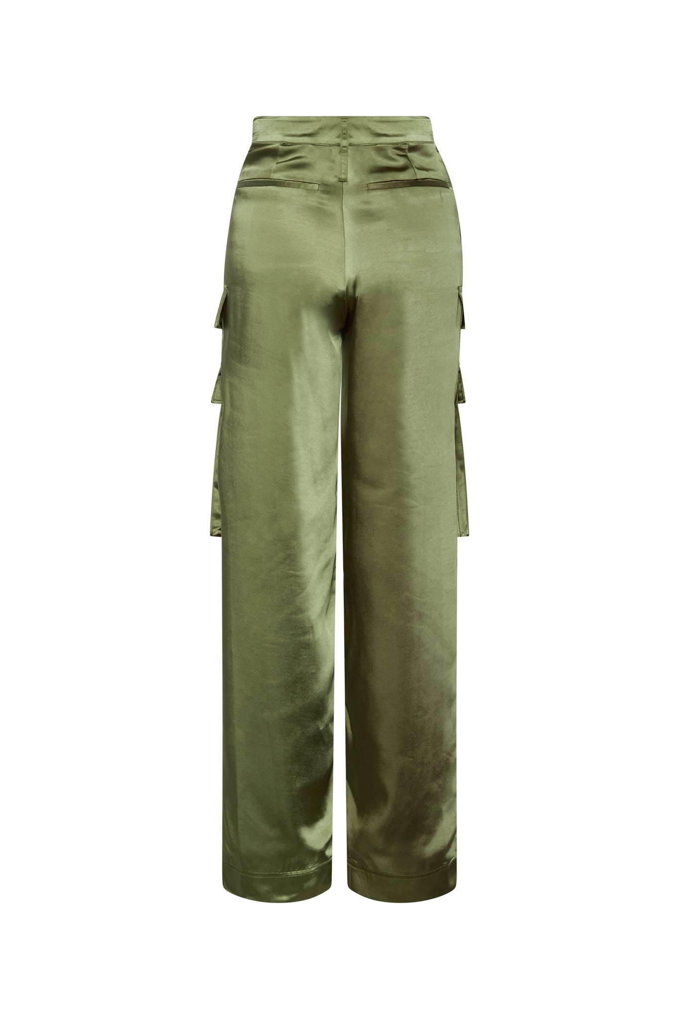 A pair of Catherine Gee Cargo - Army Green pants made of a shiny, satin-like fabric and feature a high waist with a fitted waistband. They have a wide-leg design and multiple cargo pockets on the sides, adding a functional and stylish element to the garment. The pants are displayed against a plain white background, highlighting their color and texture.