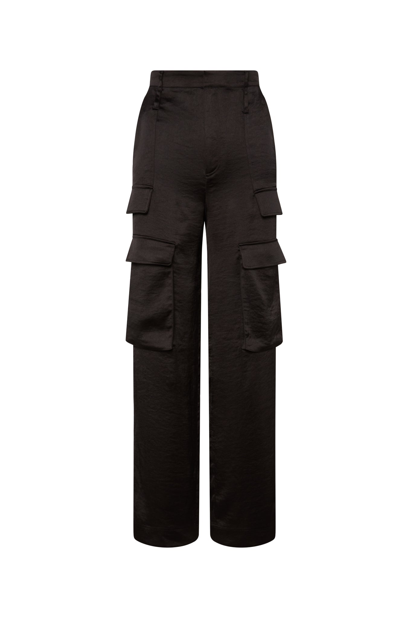 A pair of Catherine Gee's black cargo pants with a high waist and wide legs featuring multiple large pockets on the sides, adds a functional and stylish element to the design.