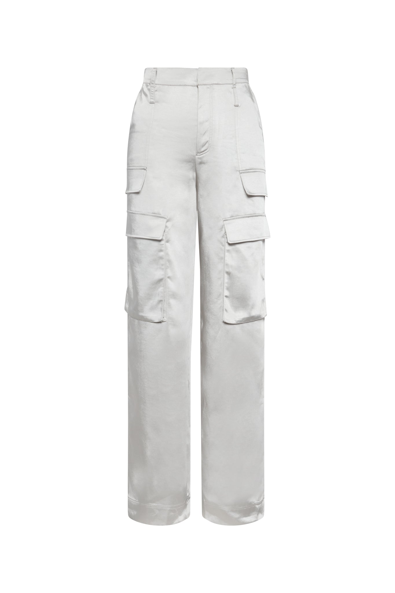 A pair of Catherine Gee Cargo White Pants. The pants are high-waisted with a straight-leg fit and feature multiple large cargo pockets on the sides. The fabric appears to be smooth and slightly shiny, giving the pants a sleek and modern look.