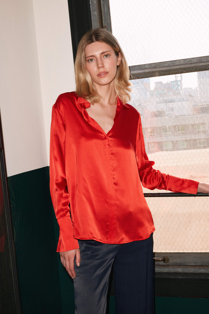 Daria French Cuff Silk Blouse - High Risk Red