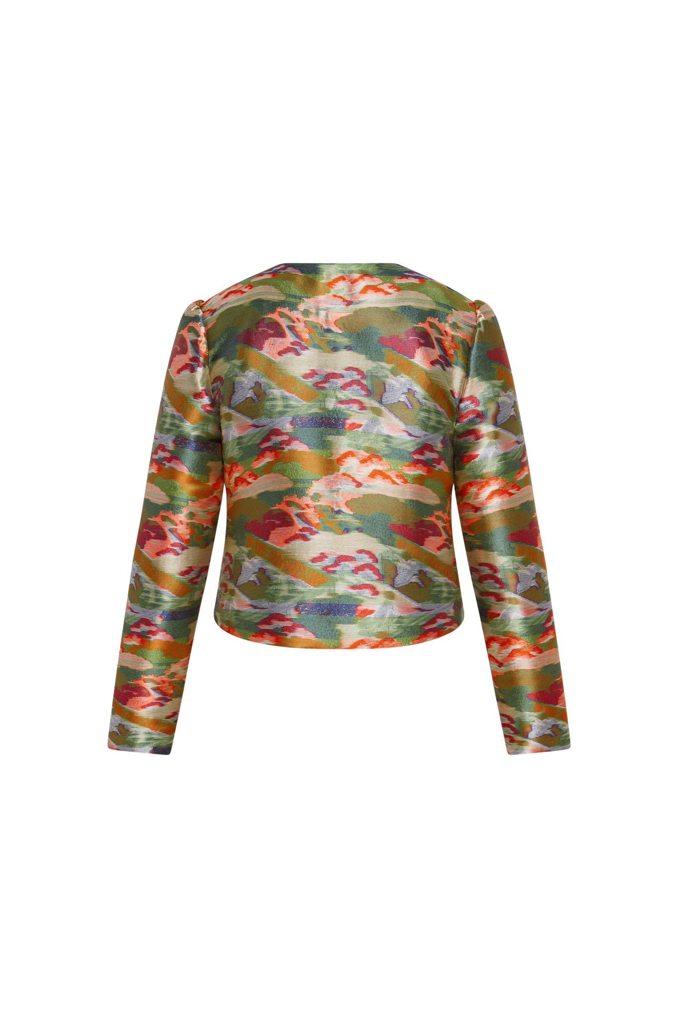 Back view of a Catherine Gee Chloe Blazer - Camo Garden features a vibrant camouflage pattern with shades of green, orange, red, and purple, creating a garden-like appearance. It has long sleeves and a slightly cropped fit.