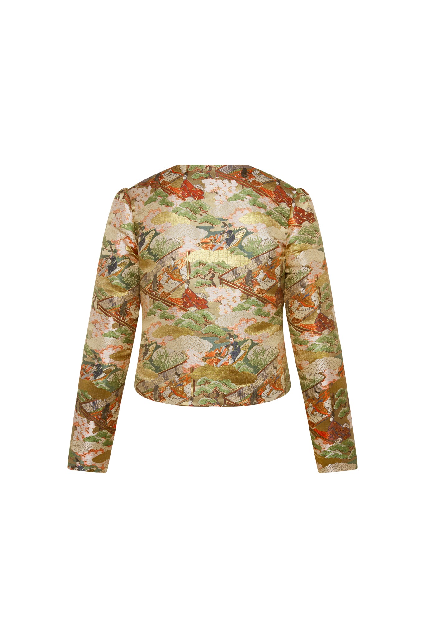 Back view of a Catherine Gee Chloe Blazer - Pagoda, featuring a colorful and intricate design with pagodas, trees, and cranes in shades of green, orange, and beige. The blazer has long sleeves and a slightly cropped fit.