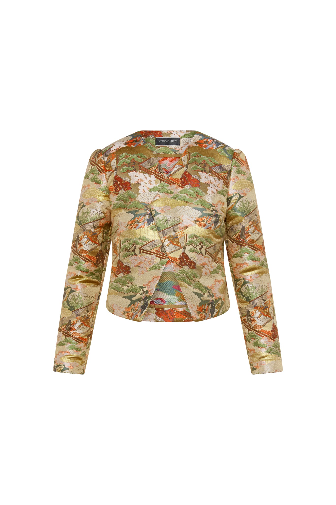 Catherine Gee Chloe Blazer - Pagoda features a vibrant, intricate pattern with scenes of pagodas, trees, and landscapes in shades of green, orange, and beige. It has a tailored fit with long sleeves and a slightly cropped length, creating a sophisticated and stylish look.
