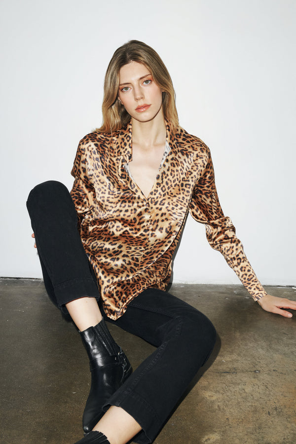 Daria French Cuff Silk Blouse - Soft Leopard