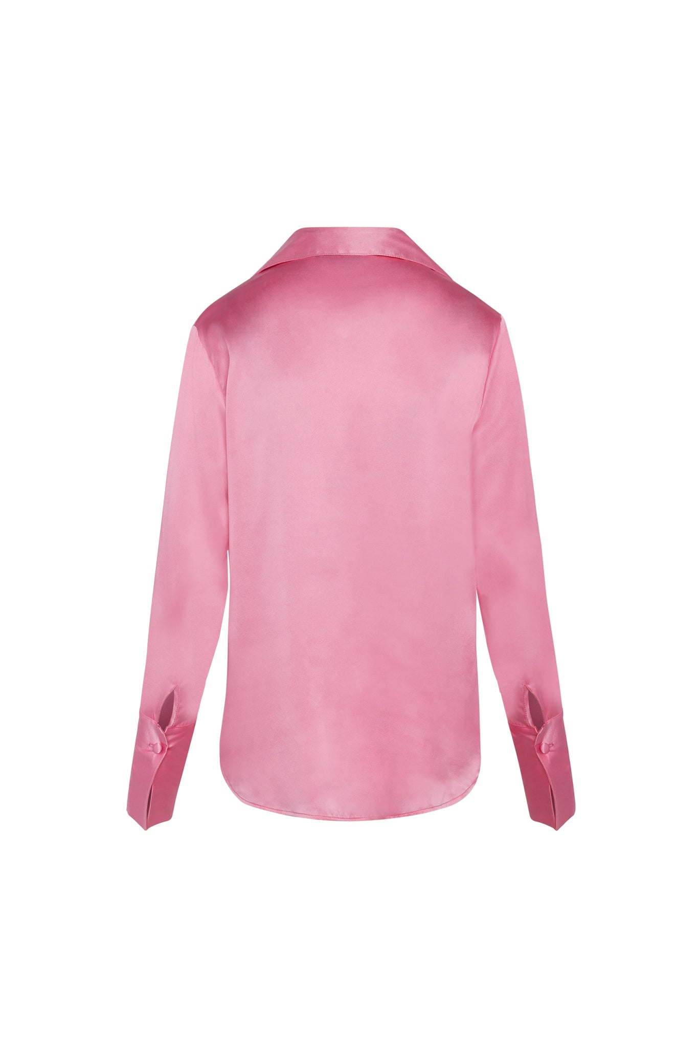 Back-view of Catherine Gee Daria French Cuff Silk Blouse Doll Pink features a luxurious shiny, smooth silk fabric with a soft sheen, a V-neckline with a collar, and long sleeves with French cuffs suitable for both professional and casual settings laid on a plain white background.