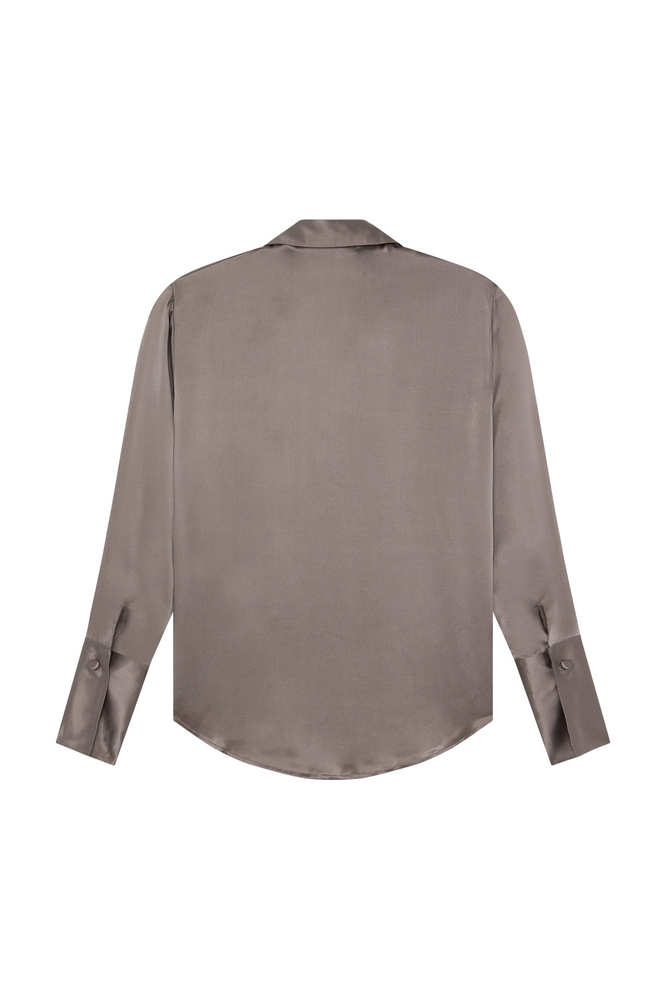 Back-view of a Catherine Gee Daria French Cuff Silk-Grey blouse features a smooth, silky texture with a subtle sheen, long sleeves with French cuffs, and a classic collar. The color is a muted grey, and the blouse has a slightly curved hemline.
