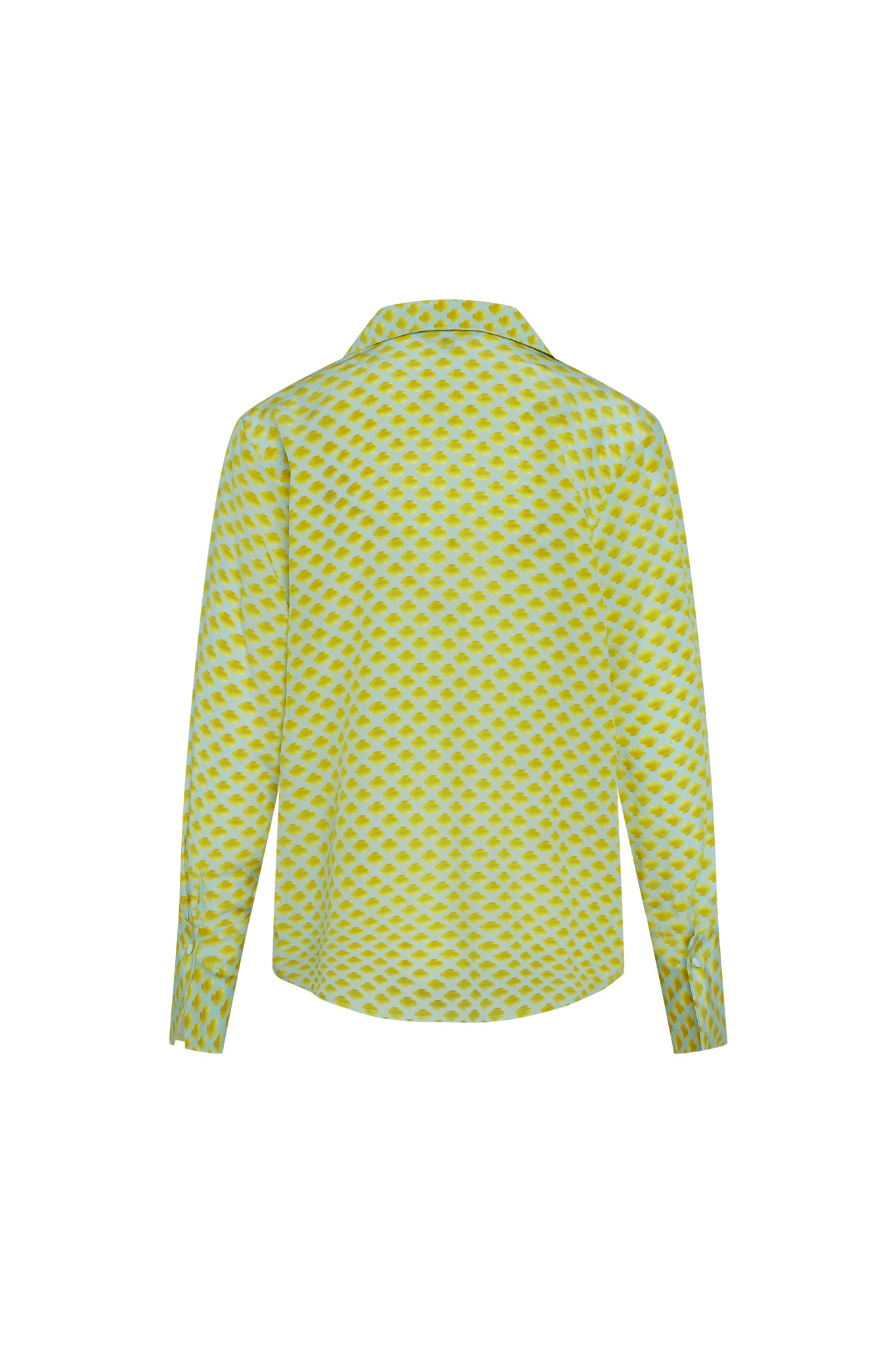 Back-view of a  Catherine Gee Daria French Cuff Silk-Limon Blue (Mini) blouse features a light background with a pattern of vibrant yellow mini lemon-like spots, long sleeves with French cuffs, and a classic collar.