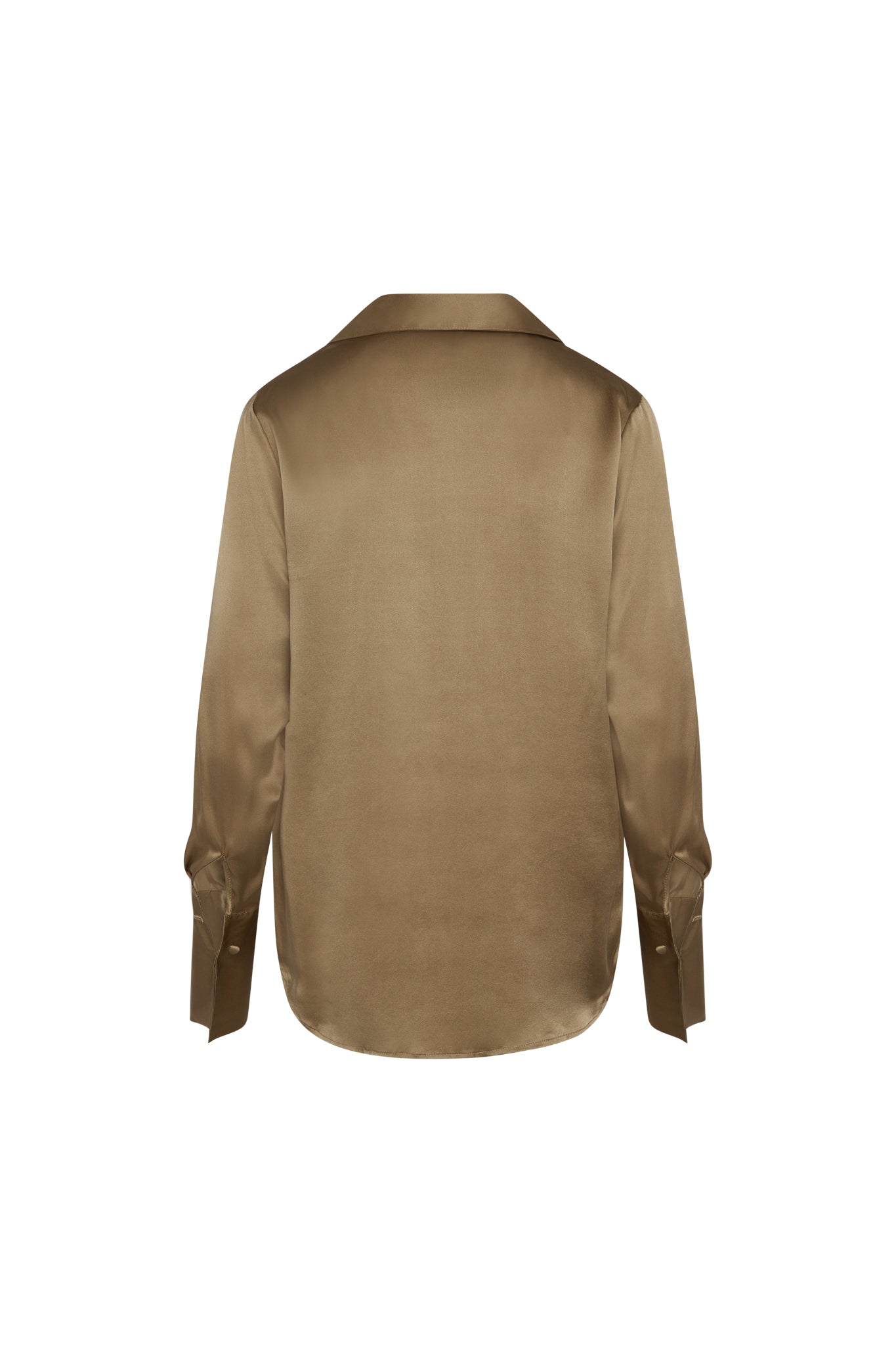 Back-view of a Catherine Gee Daria French Cuff Silk-Mocha blouse features a smooth, shiny silk fabric with long sleeves and French cuffs. The design includes a classic collar and a slightly curved hemline.