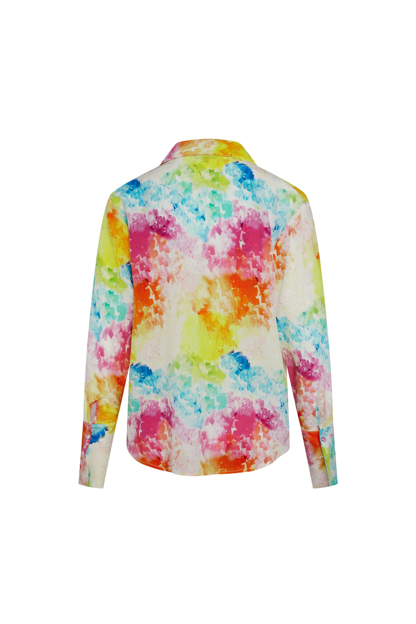 Back-view of a Catherine Gee Daria French Cuff Silk Rainbow Moodboard blouse features a vibrant, multicolored abstract pattern with splashes of yellow, pink, blue, green, and orange. It has long sleeves with French cuffs and a classic collar giving it a luxurious and smooth appearance, making it a standout piece due to its bold and colorful design.