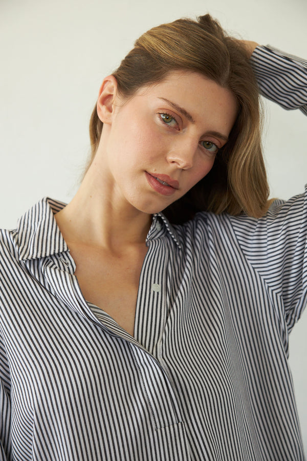 Daria Boyfriend Blouse - Pewter Stripe
