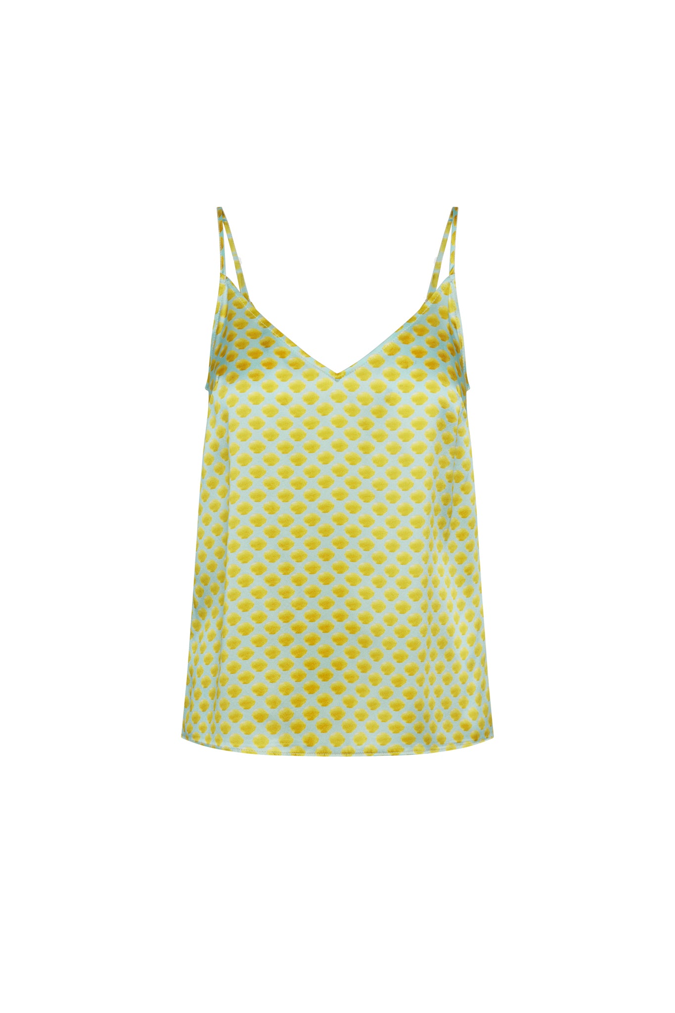 Catherine Gee Franka Limon Blue (Mini) cami features a delicate, lightweight fabric with a vibrant yellow and lemon-like pattern. The design includes thin spaghetti straps and a V-neckline, creating a stylish and elegant look. The pattern and color combination makes it a standout piece, perfect for adding a pop of color to any outfit.