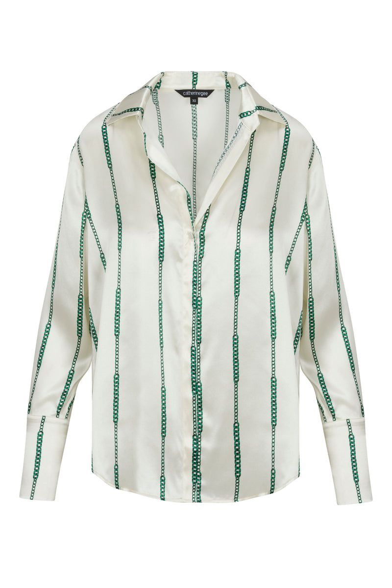 Daria French Cuff Silk Blouse - Green Chain