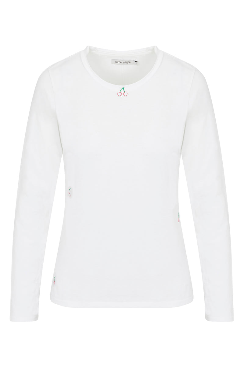 Embroidered Cotton T-Shirt Long Sleeve - Cherry