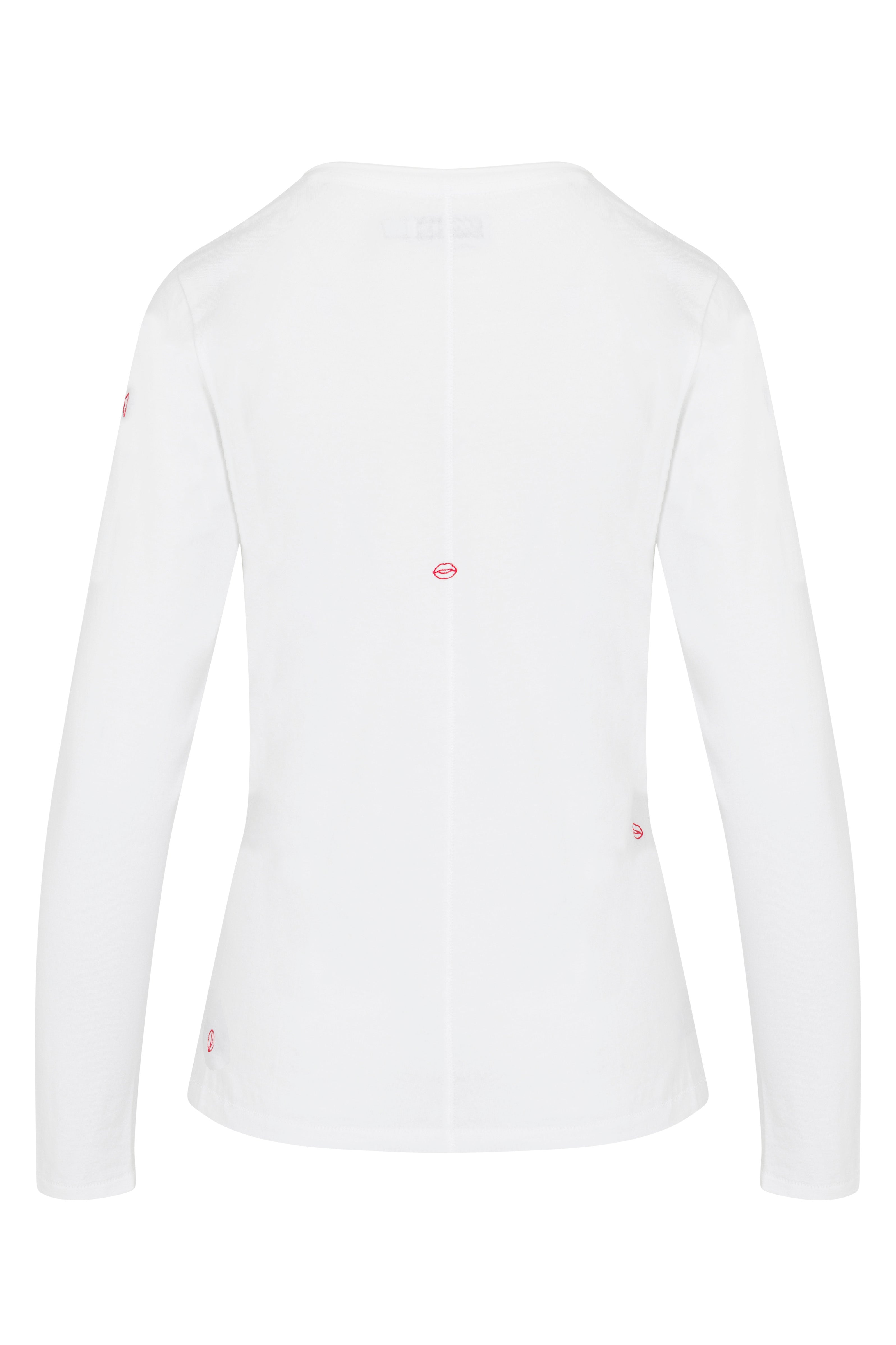 Back-view of a Catherine Gee Embroidered Cotton Long Sleeve Bisou white t-shirt features small, subtle red embroidered details scattered across the back and sleeves, adding a touch of elegance and uniqueness to the otherwise plain white shirt. The shirt has a simple, clean design with a seam running down the center of the back.