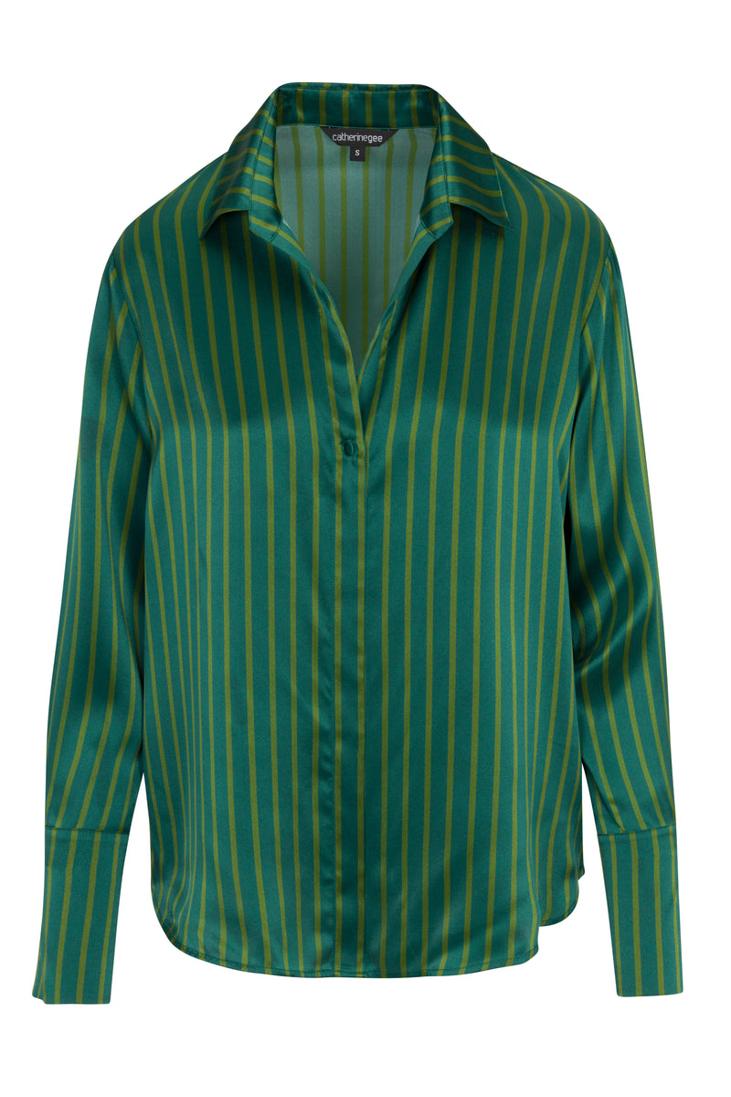 Catherine Gee Daria French Cuff Silk-Green Stripes blouse features a deep green color with vertical yellow-green stripes, a classic collar, and French cuffs. The fabric appears to be smooth and silky, giving it a luxurious look.