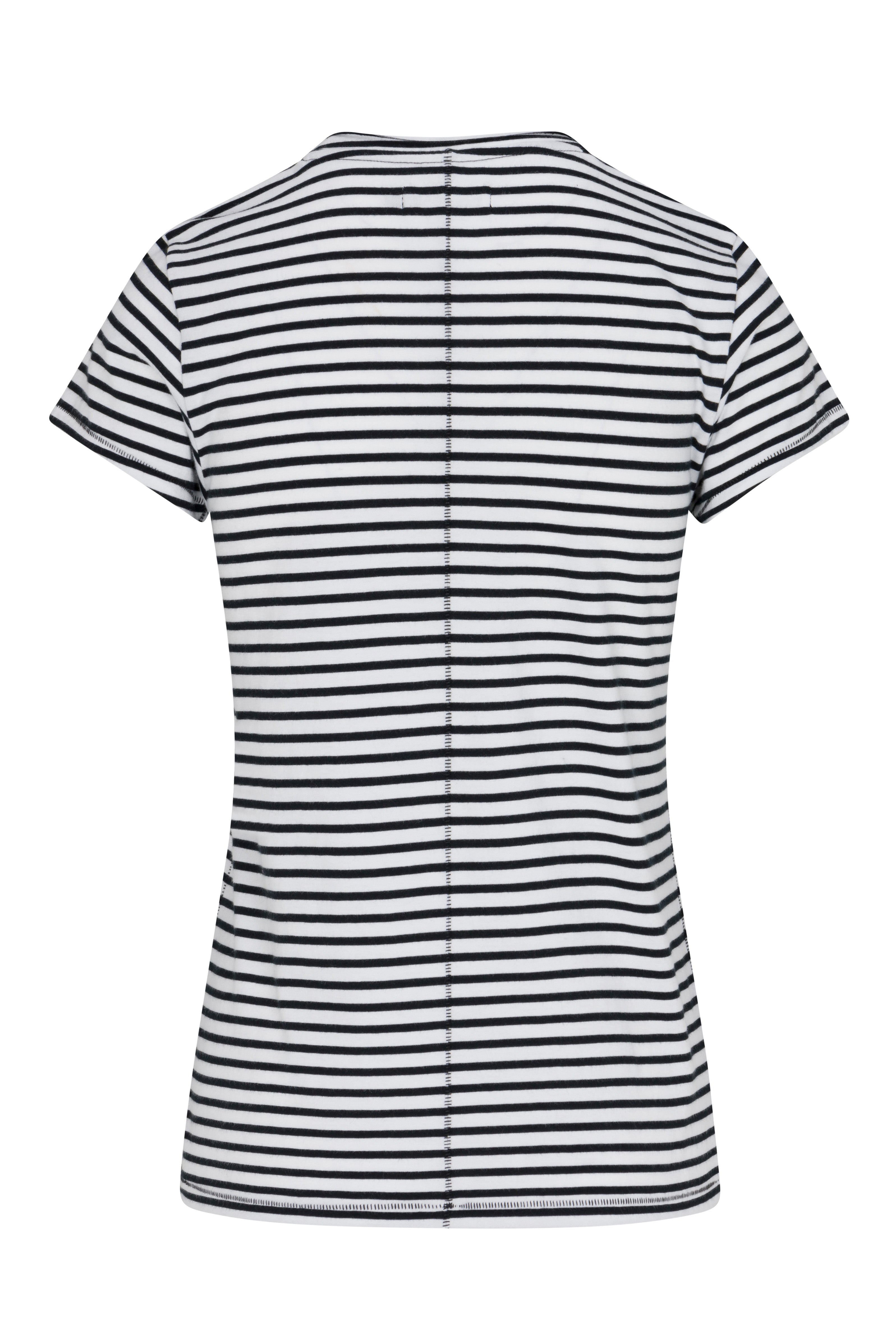 Back view of a black and white striped short-sleeve T-shirt by Catherine Gee features horizontal stripes and a central vertical seam running down the back.