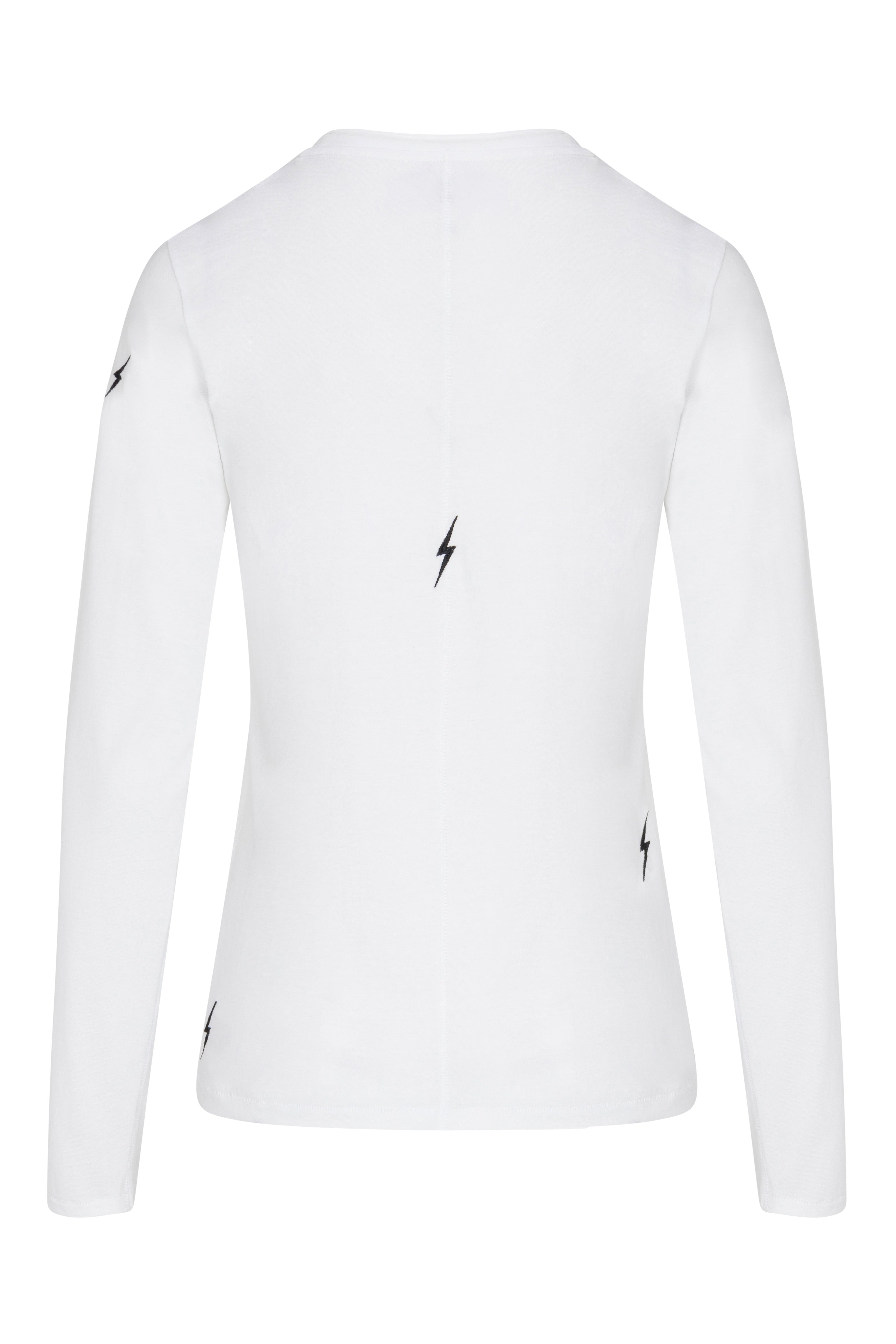 Back-view of a Catherine Gee Embroidered Cotton White Long Sleeve Bolt T-Shirt features a small, black lightning bolt embroidery near the neckline, adding a subtle yet distinctive detail, has a round neckline and long sleeves, making it suitable for cooler weather and various casual or semi-casual occasions.