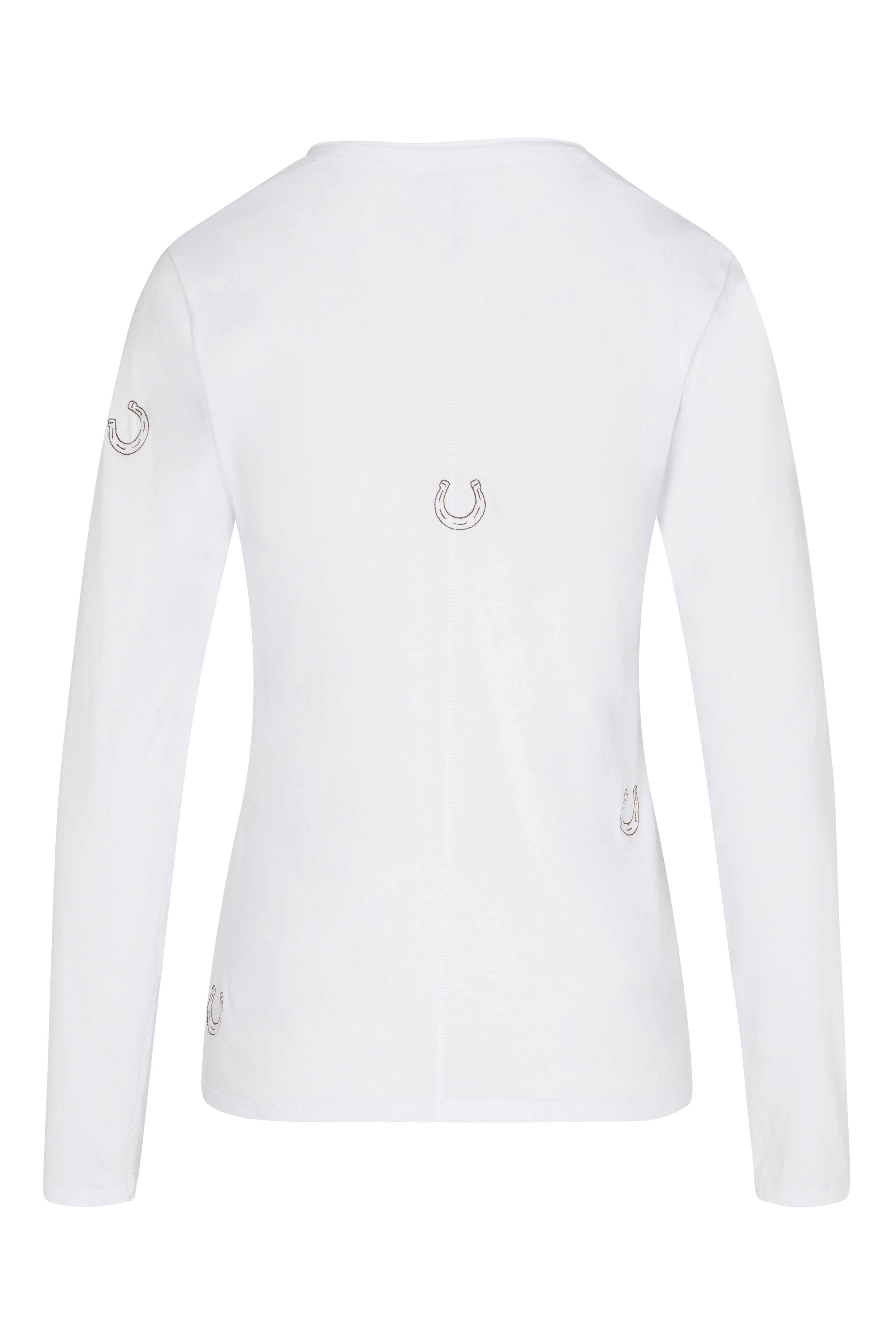 Back-view of a Catherine Gee Embroidered white Cotton Long Sleeve Horseshoe T-Shirt features several small embroidered horseshoe designs in a light color, placed sporadically on the back and sleeves. The shirt has a simple, clean design with a focus on the subtle horseshoe embroidery, making it both stylish and unique.