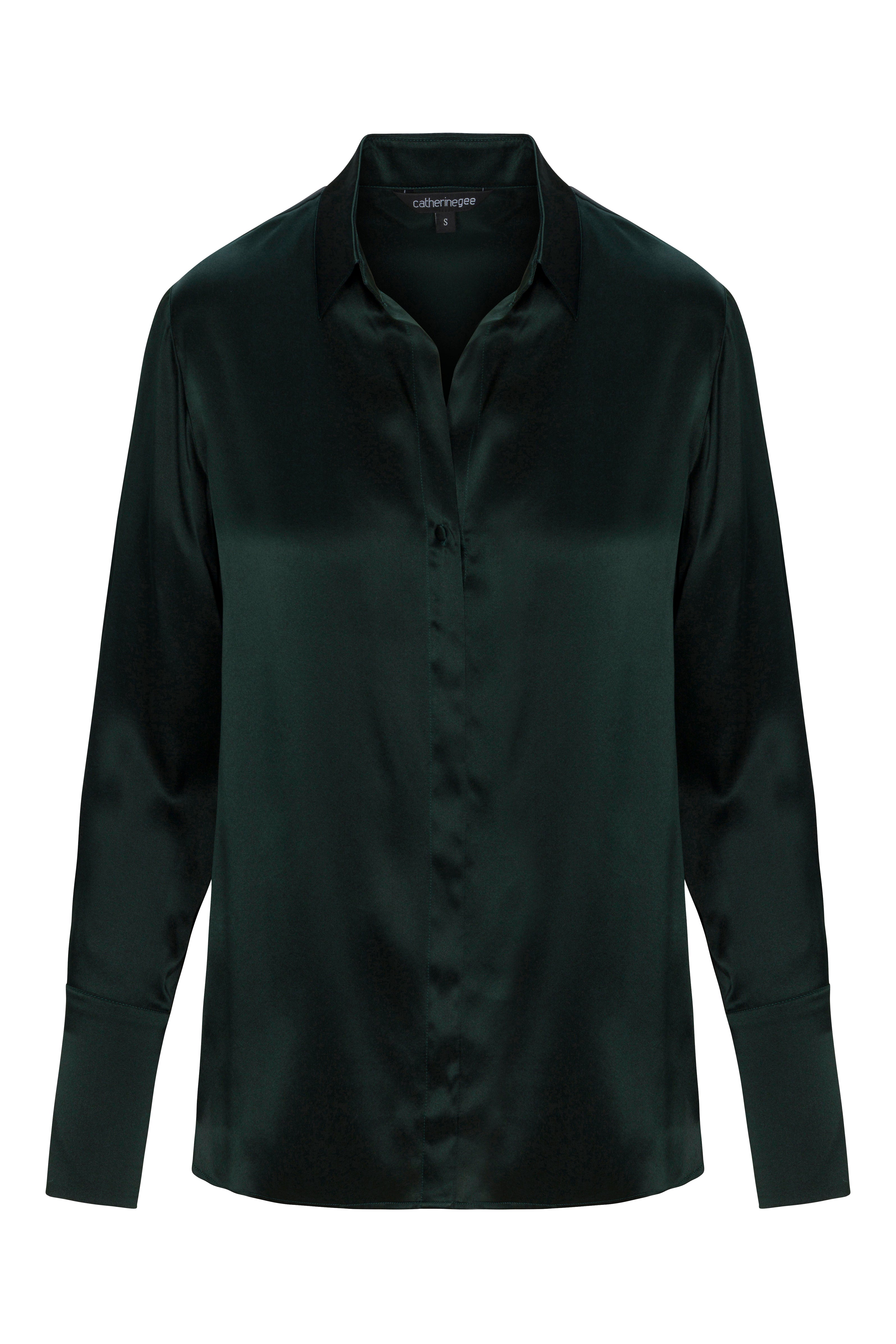 Daria French Cuff Silk Blouse - Forrest Green