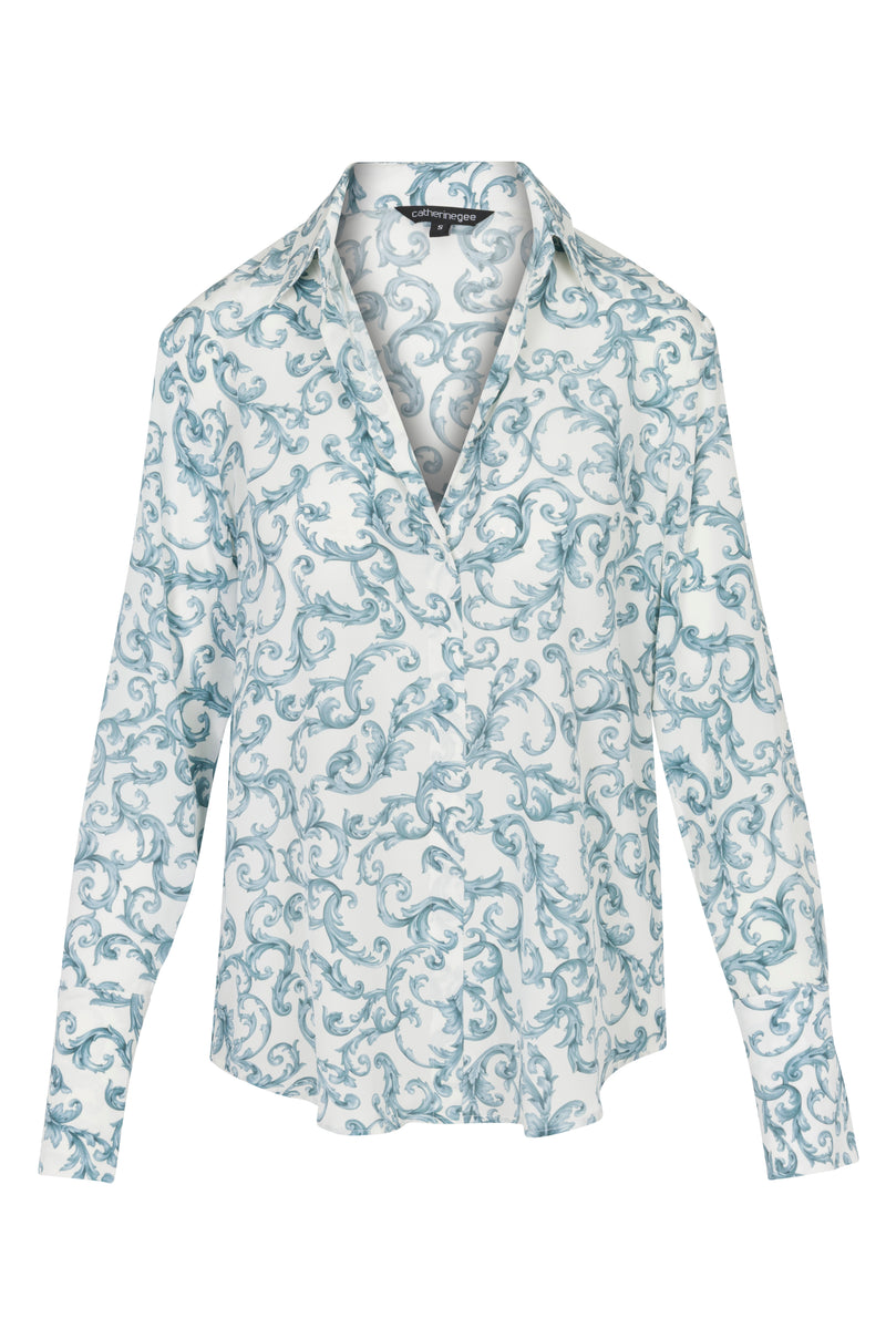 Daria French Cuff Silk Blouse - Azulejo