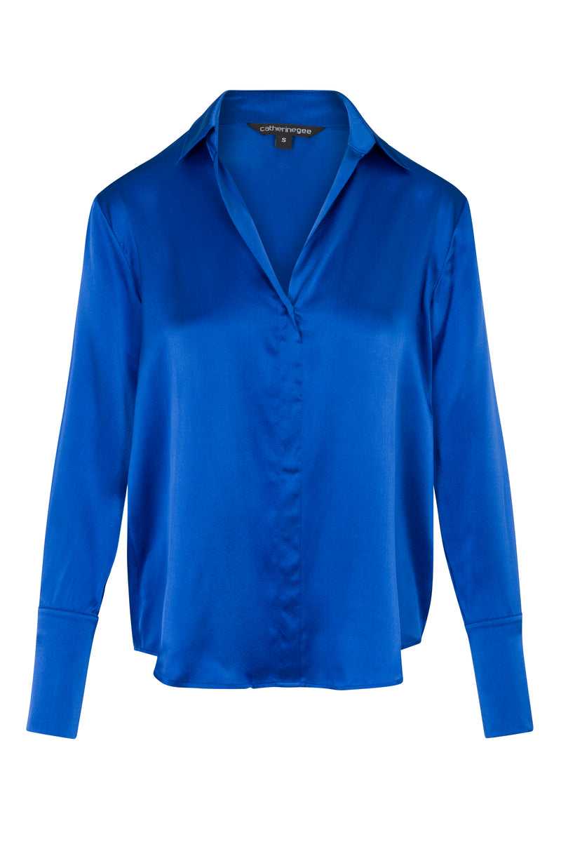 Daria French Cuff Silk Blouse - Lapis Blue