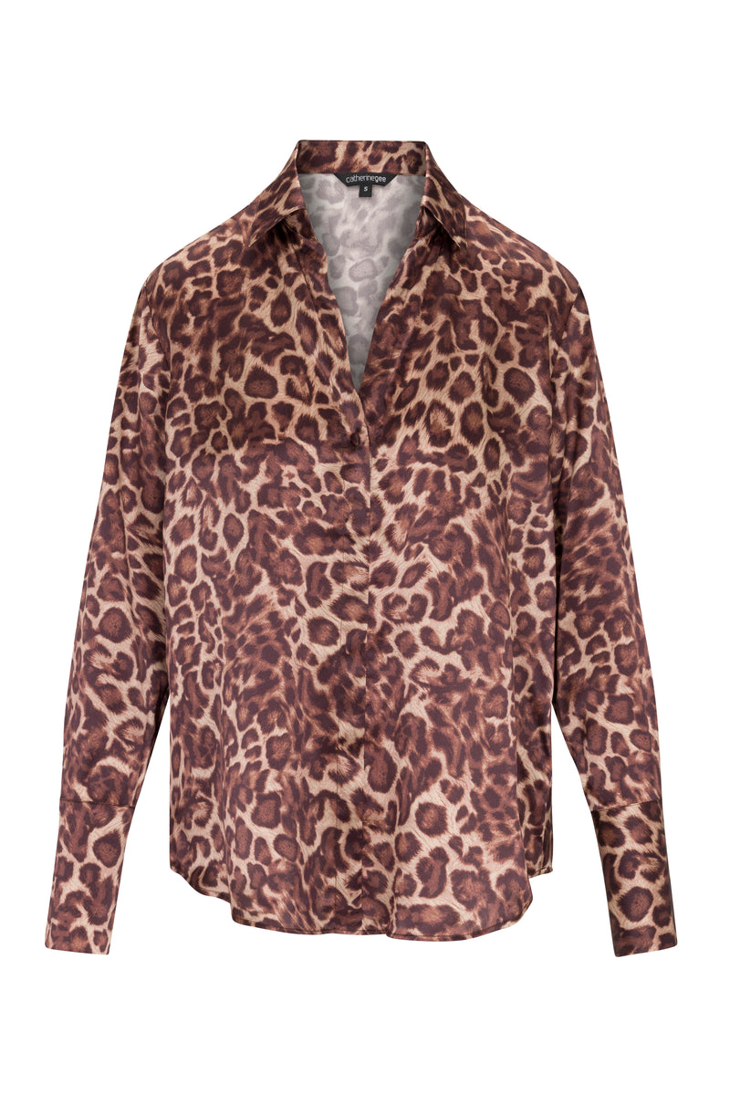 Daria French Cuff Silk Blouse - Mocha leopard