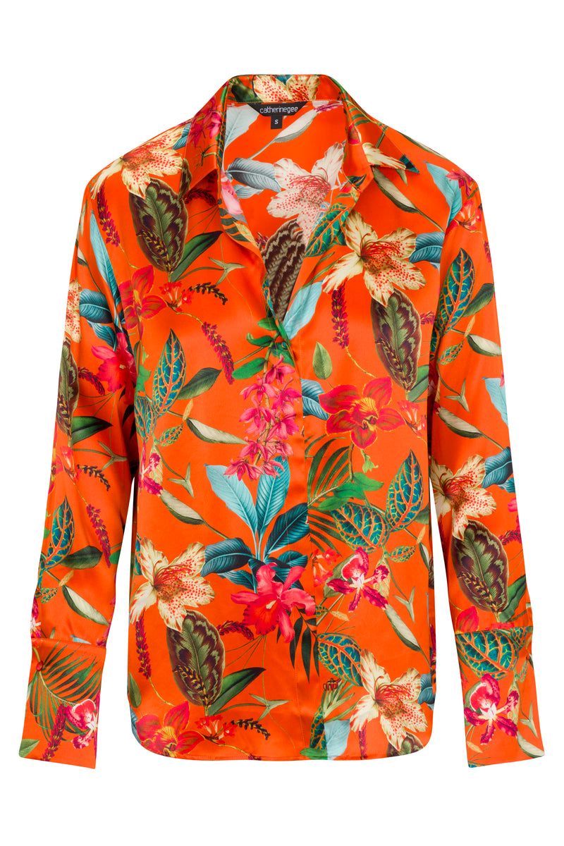 Daria French Cuff Silk Blouse - Orange Tropical