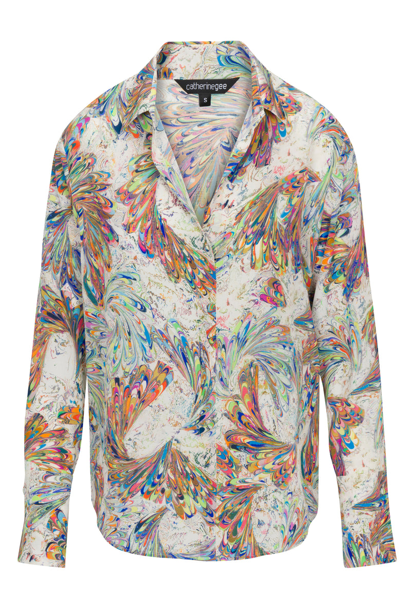 Daria French Cuff Silk Blouse - Stone Paint Swirl