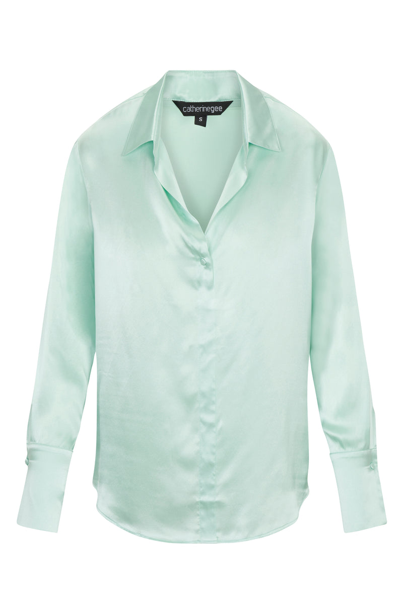 Daria French Cuff Silk Blouse - Sea Moss