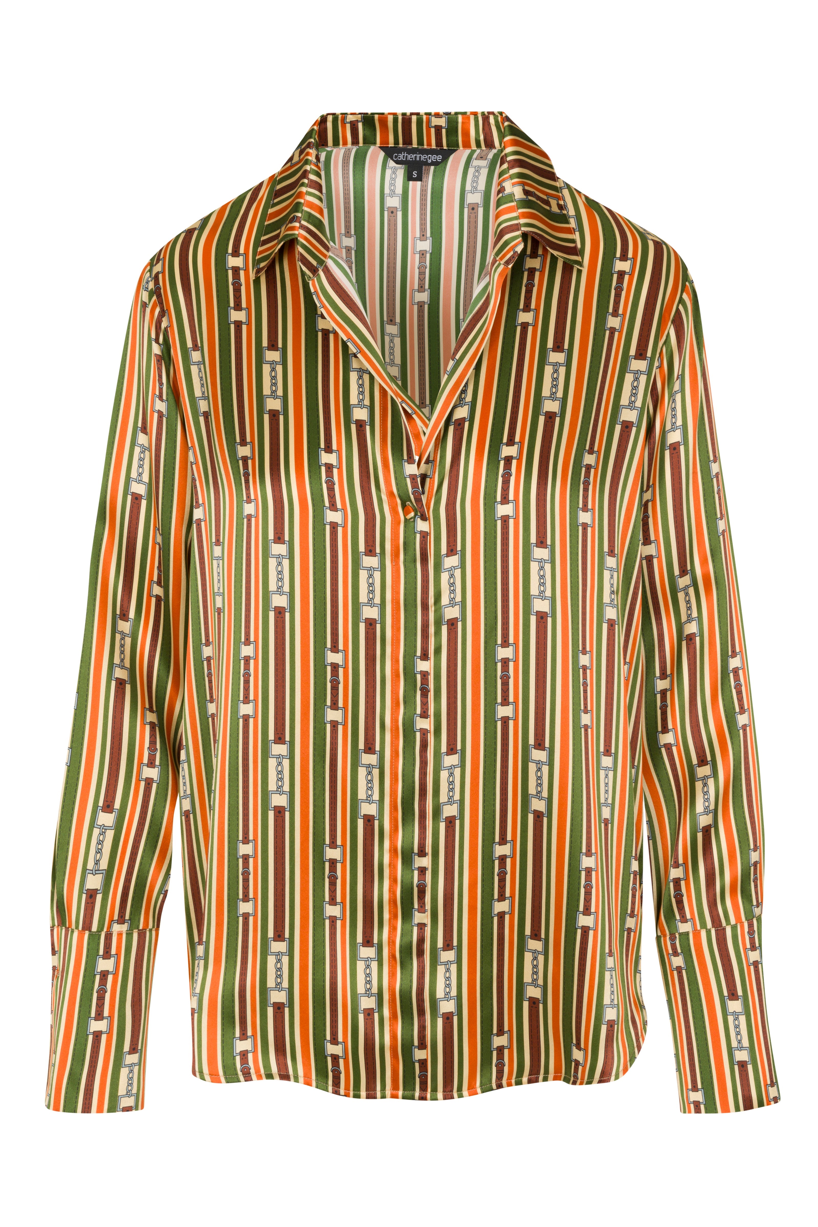 Catherine Gee Daria French Cuff Silk Thin Belt Blouse. This blouse features a vibrant pattern of vertical stripes in shades of green, yellow, and red hues, incorporated with thin belt designs. It has a classic collar, long sleeves with French cuffs, and covered buttons, adding a touch of sophistication. The silk material gives it a luxurious feel, making it both stylish and elegant, perfect for various occasions.