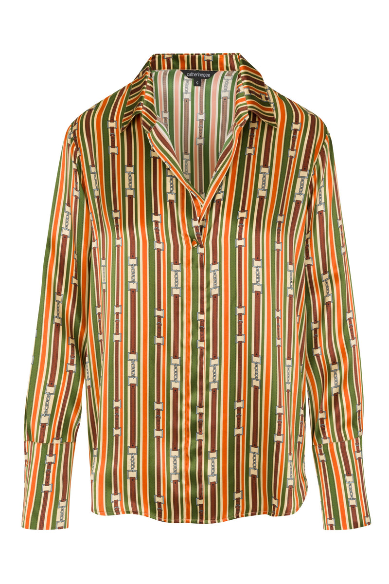 Catherine Gee Daria French Cuff Silk Thin Belt Blouse. This blouse features a vibrant pattern of vertical stripes in shades of green, yellow, and red hues, incorporated with thin belt designs. It has a classic collar, long sleeves with French cuffs, and covered buttons, adding a touch of sophistication. The silk material gives it a luxurious feel, making it both stylish and elegant, perfect for various occasions.