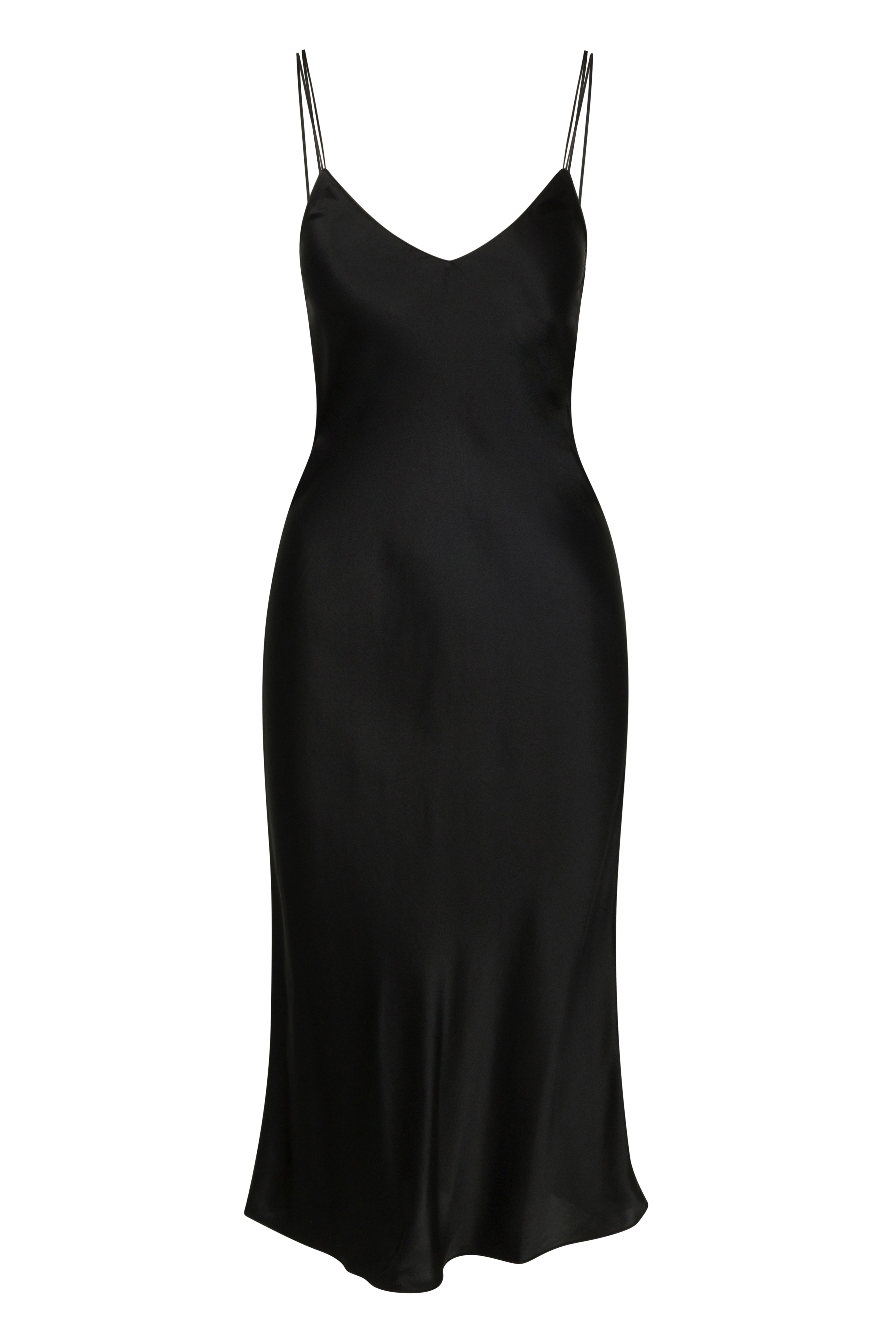 Catherine Gee Emma Black Slip Dress. This elegant dress features a sleek, form-fitting silhouette with a V-neckline and thin, double spaghetti straps. The fabric appears to be a smooth, satin-like material that drapes gracefully, creating a sophisticated and timeless look. The dress falls to a midi length, making it suitable for various formal or semi-formal occasions.