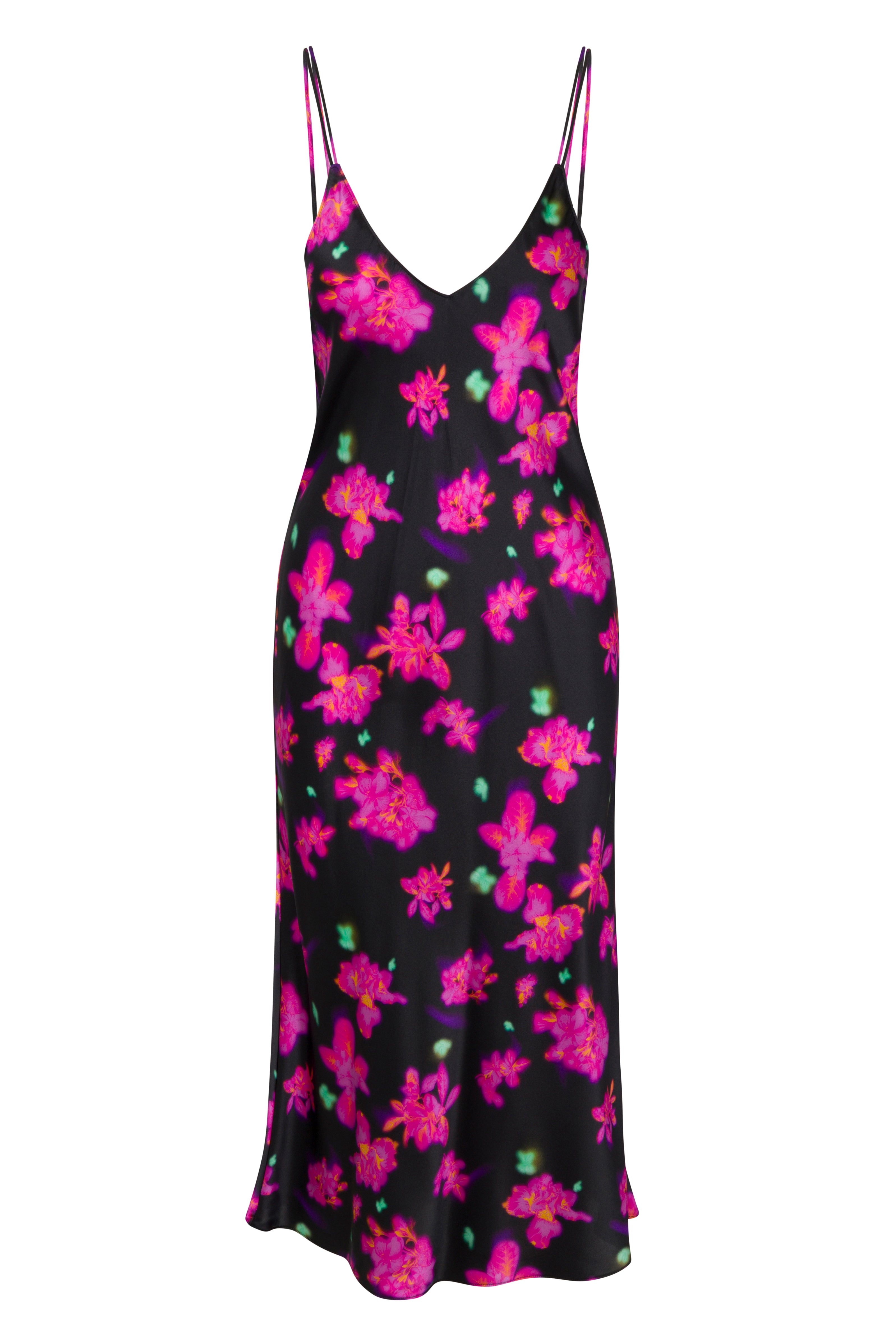 Catherine Gee Emma Neon Flower Slip dress features a sleek, form-fitting silhouette with thin spaghetti straps and a deep V-neckline. The fabric is black with a vibrant neon pink floral pattern scattered throughout, creating a striking contrast. The dress falls to a midi length, making it both elegant and eye-catching, suitable for various occasions.