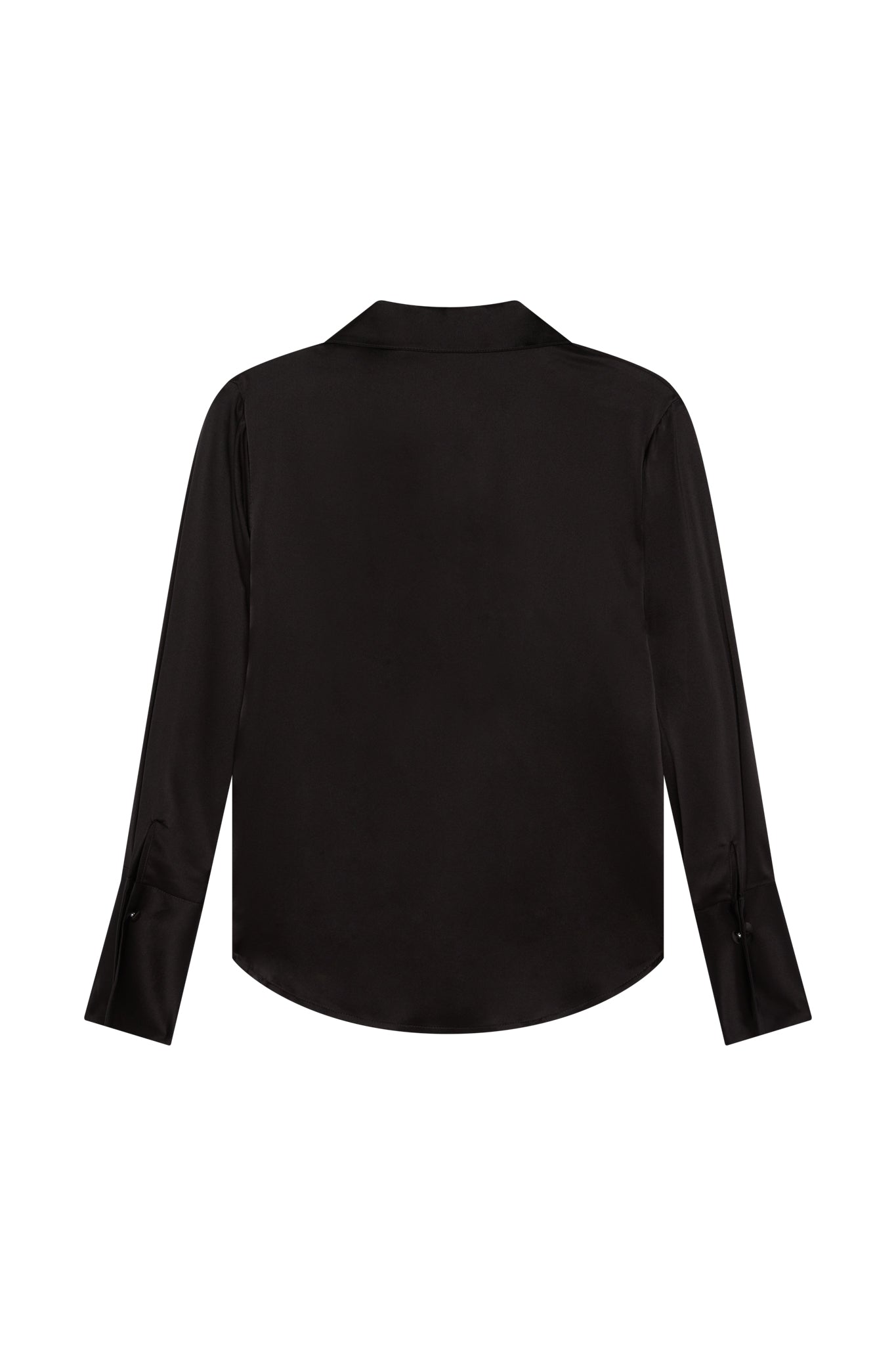 Back-view of a Catherine Gee Kaia Black Blouse. The blouse is long-sleeved with a sleek, smooth texture, likely made from a satin or silk-like material. It features a classic collar and buttoned cuffs. The hemline is slightly curved, adding a subtle touch of elegance to the overall design. The blouse's minimalist and sophisticated style makes it a versatile piece suitable for both formal and casual occasions.