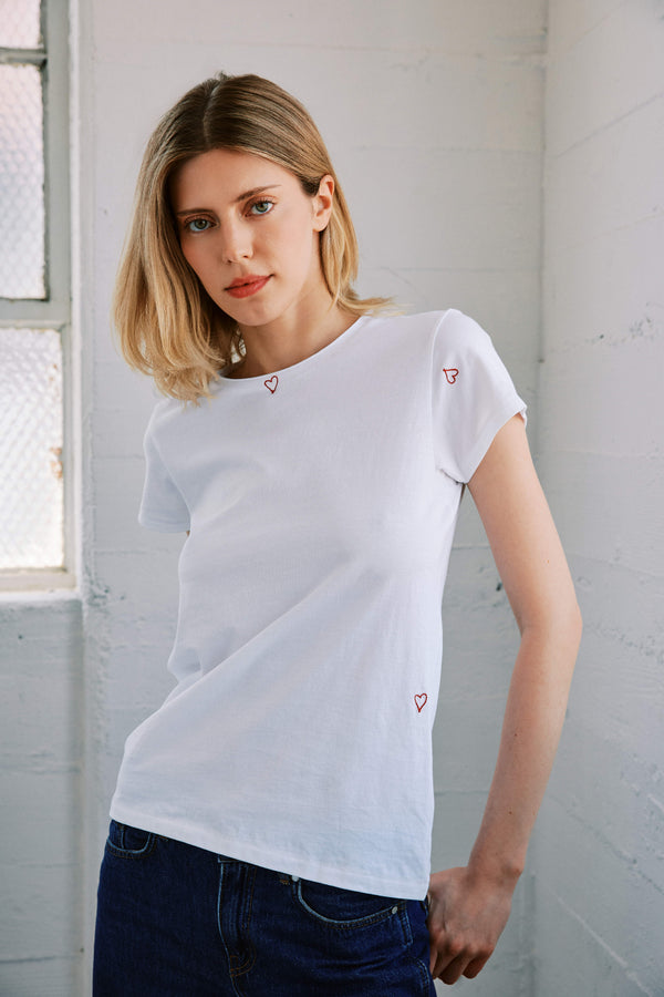 Embroidered Cotton T-Shirt - Red Heart