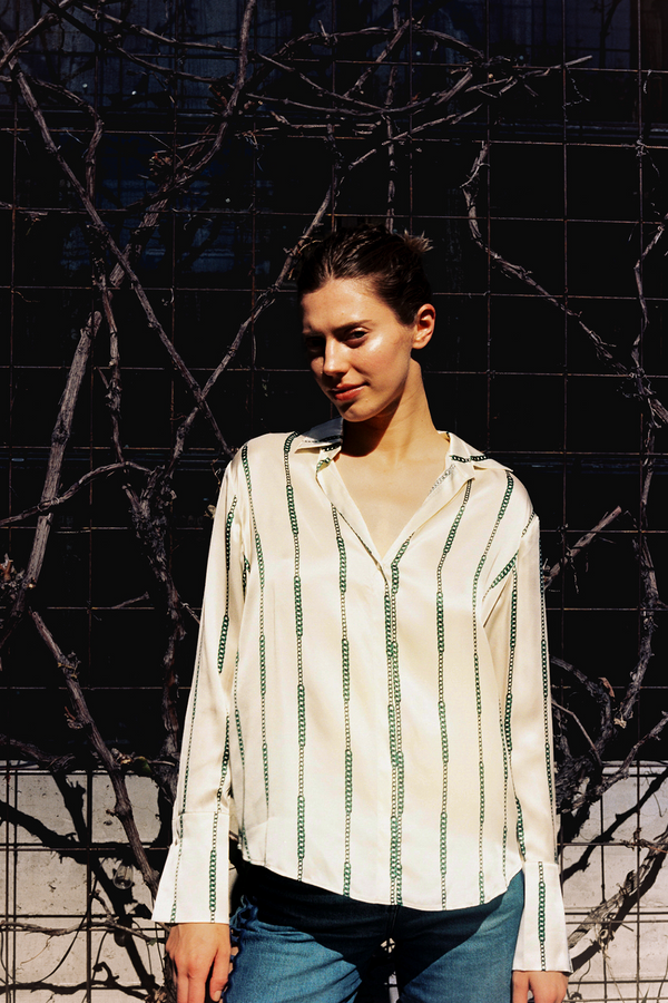 Daria French Cuff Silk Blouse - Green Chain