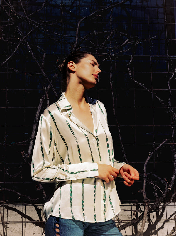 Daria French Cuff Silk Blouse - Green Chain