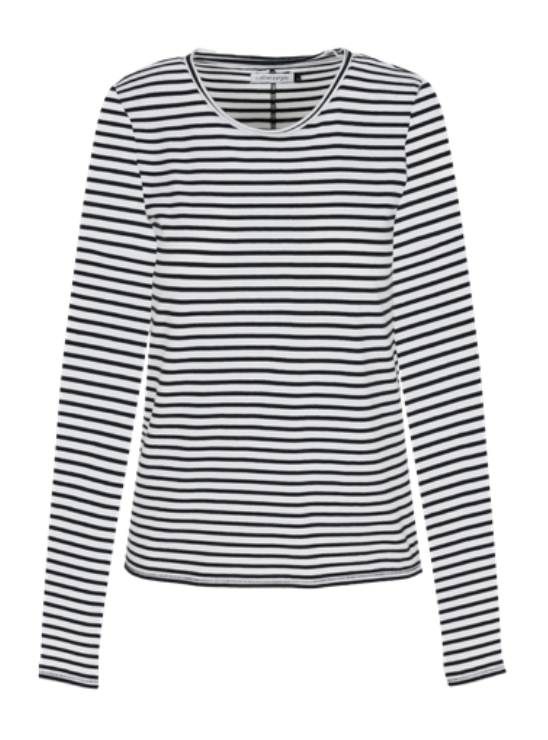 A black and white striped long-sleeve T-shirt by Catherine Gee features horizontal stripes and a round neckline, with a simple and classic design.