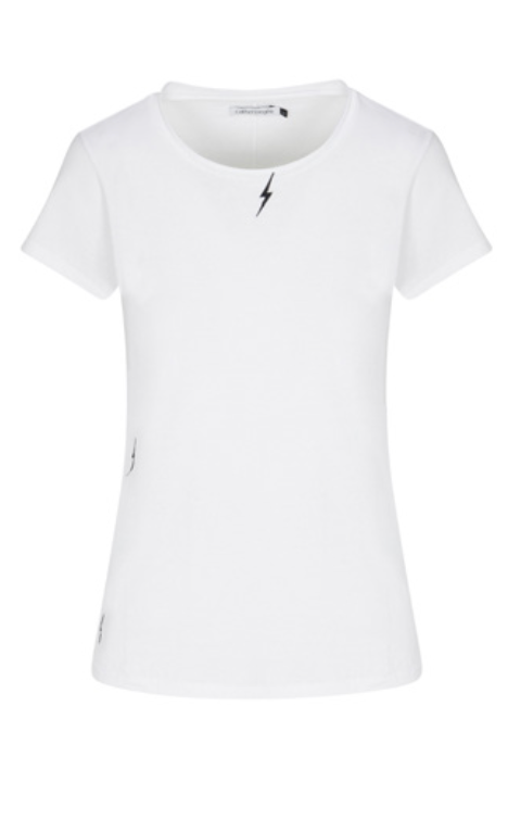 Catherine Gee Embroidered Cotton White Bolt T-Shirt. This white t-shirt features a simple yet stylish design with a small black lightning bolt embroidered near the neckline, a classic round neck, and short sleeves, making it a versatile piece for casual wear. The minimalistic design and high-quality cotton material highlight the brand's attention to detail and commitment to comfort.