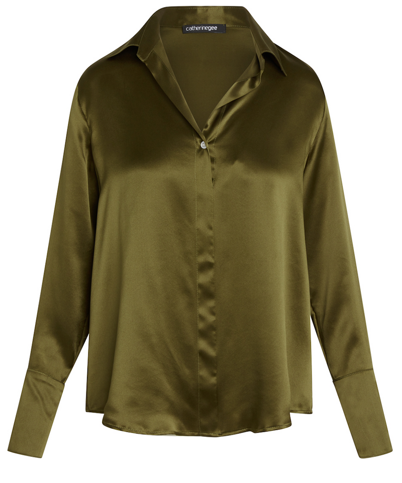 Daria French Cuff Silk Blouse - Army Green