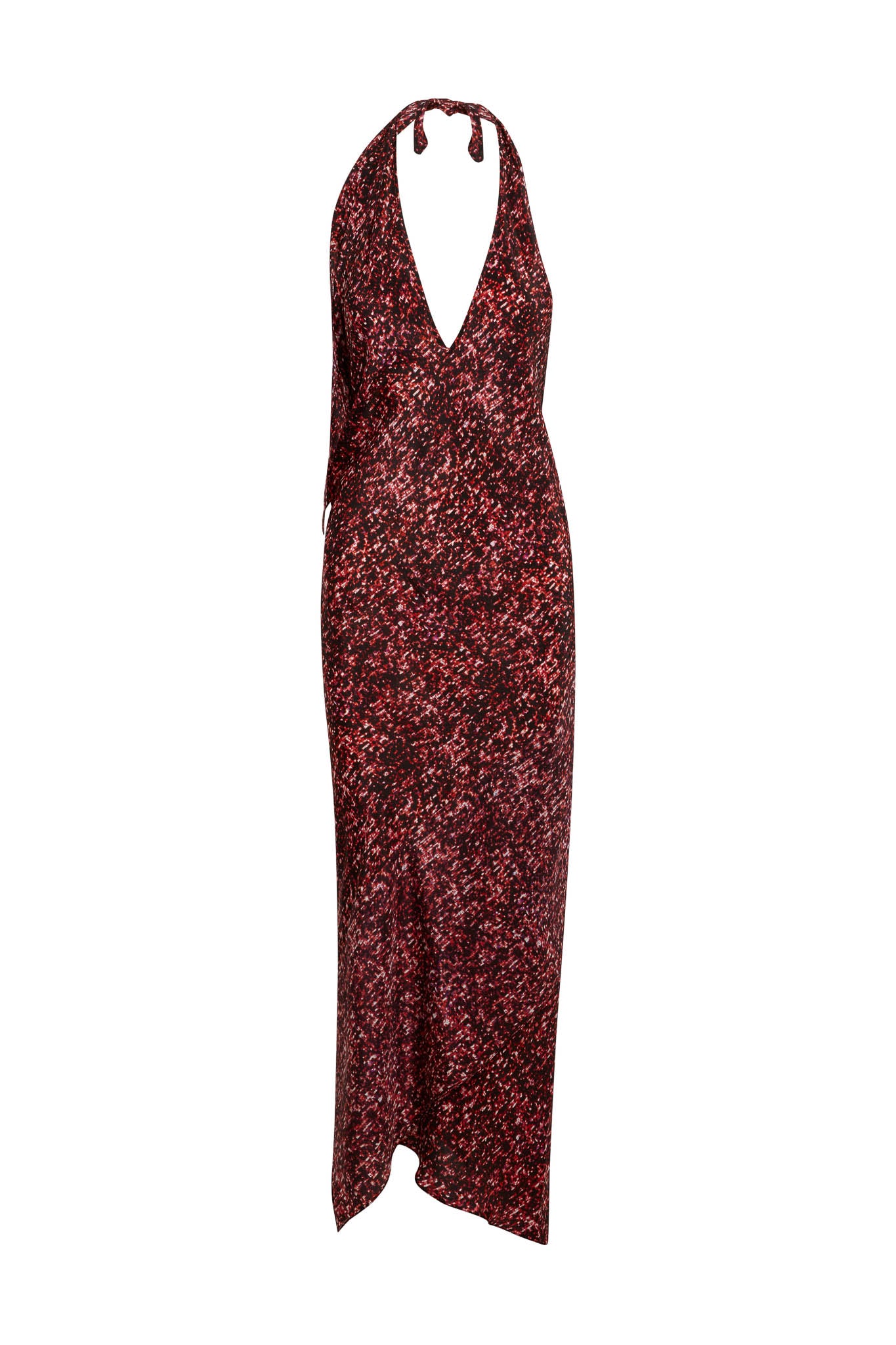 Catherine Gee Diane Red Sequin Dress. This elegant dress features a deep V-neckline and a halter neck tie. The fabric is adorned with a red and black sequin pattern, creating a shimmering effect. The dress is floor-length, with a slightly asymmetrical hemline, adding a touch of sophistication and glamour, ideal for formal events or evening occasions, making a bold and stylish statement.