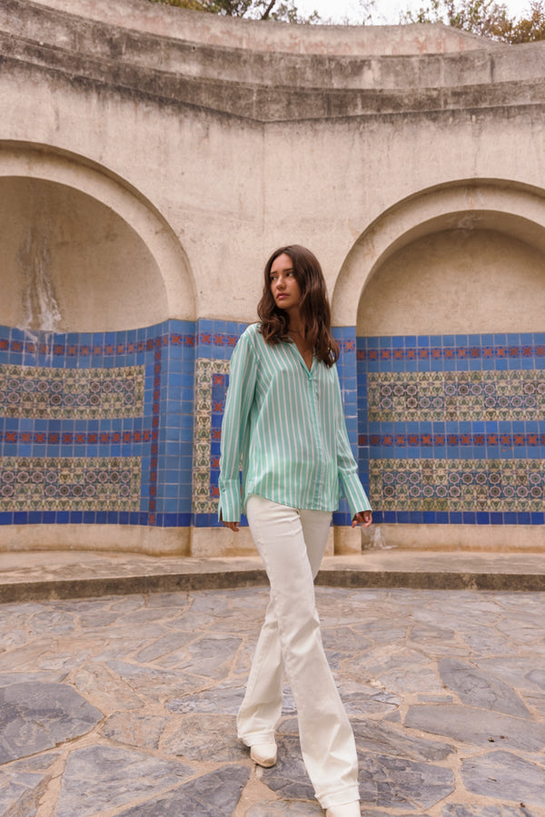 Daria French Cuff Silk Blouse in Mint Green Stripe | CG DESIGN, LLC..