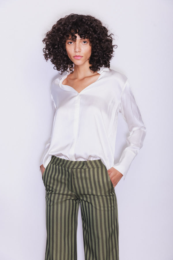 Daria French Cuff Silk Blouse in White | CG DESIGN, LLC..