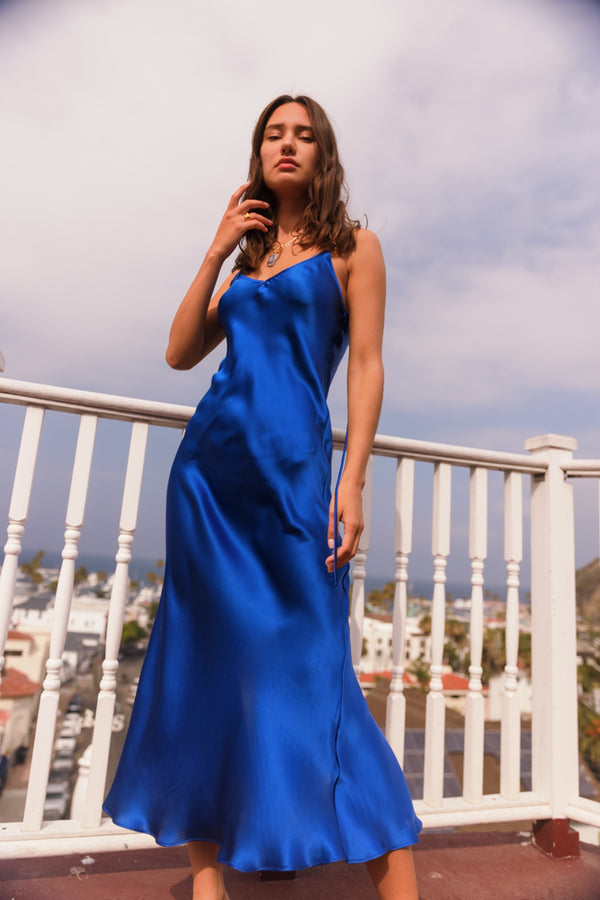 Emma Silk Ruffle Dress in Mykonos Blue | CG DESIGN, LLC..