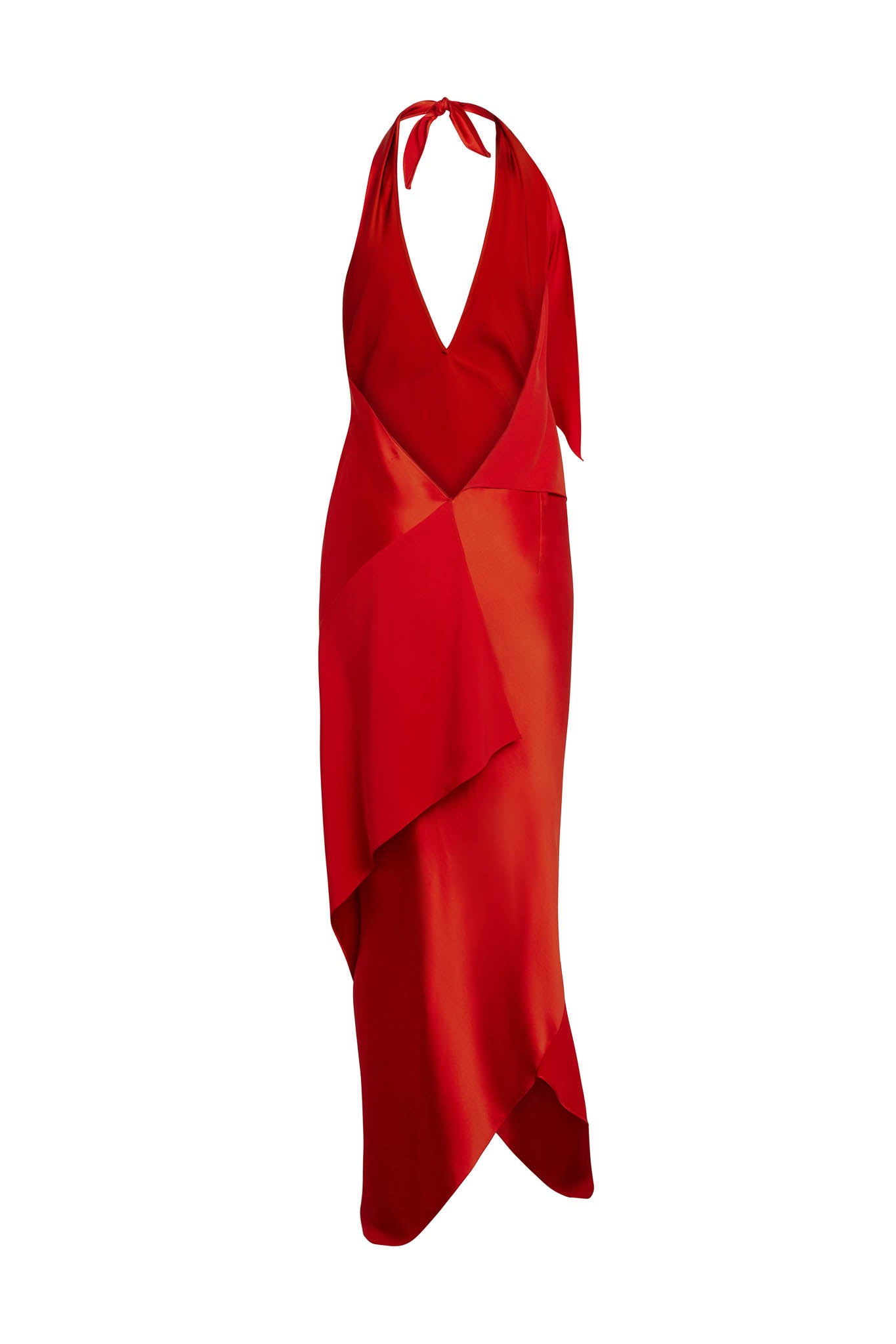 Back-view of Catherine Gee Diane High-Risk Red elegant dress features a halter neckline with a tie at the back, creating a deep V-shaped front. The dress is designed with an asymmetrical hemline and layered fabric, giving it a sophisticated and modern look. The vibrant red color adds a bold and striking element, making it a standout piece for any formal occasion.