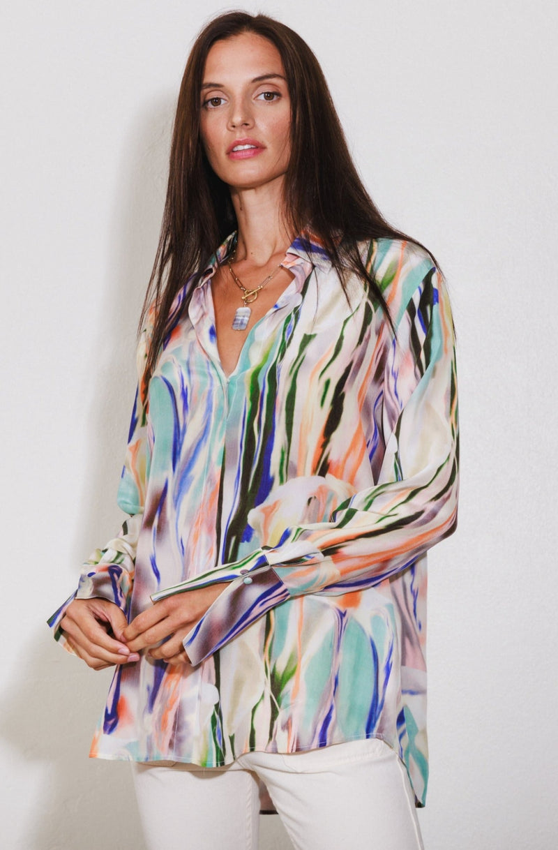 Daria French Cuff Silk Blouse - Abstract Orchid