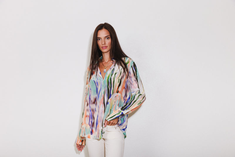 Daria French Cuff Silk Blouse - Abstract Orchid
