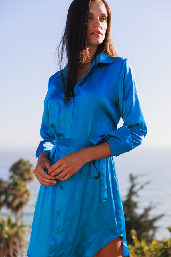 Daria Silk Shirt Dress - Teal